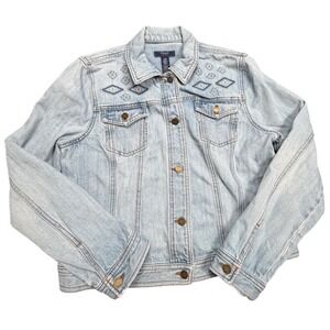 Chaps Light Wash Denim Trucker Jacket Embroidered Western Womens Large Blue